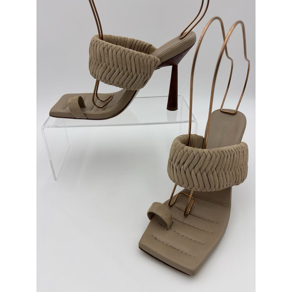 GIA Rose Huntington-Whiteley Toe Ring Heeled Sandals Taupe Tan Suede Size 37 / 7